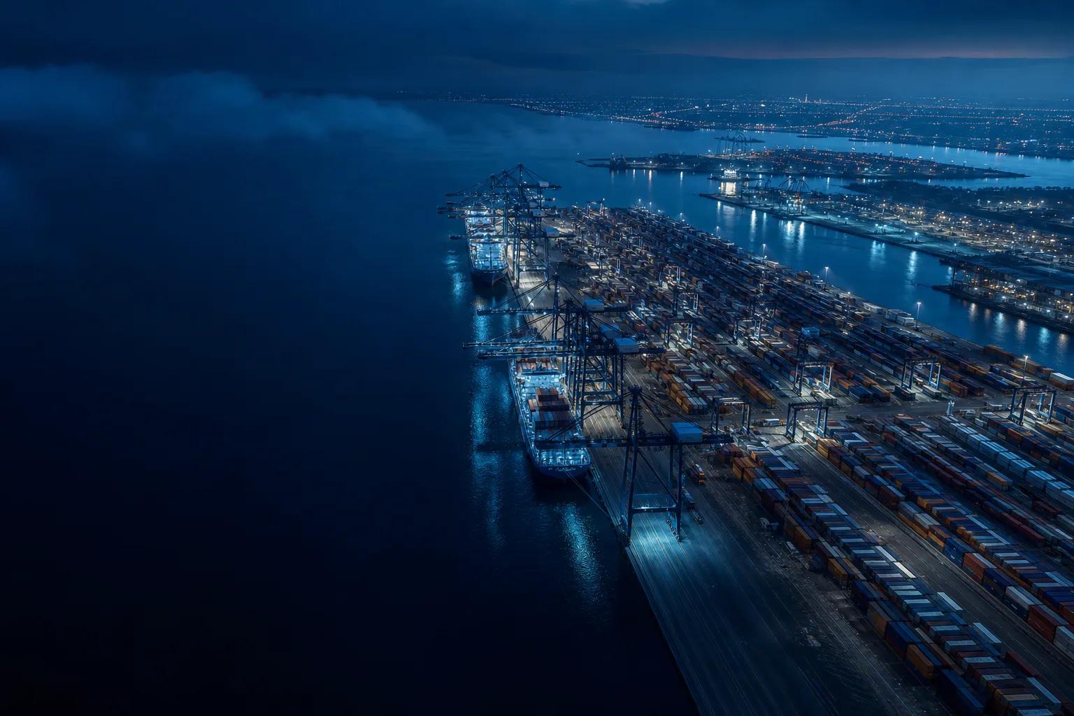 Vue aérienne d’un grand terminal portuaire au crépuscule