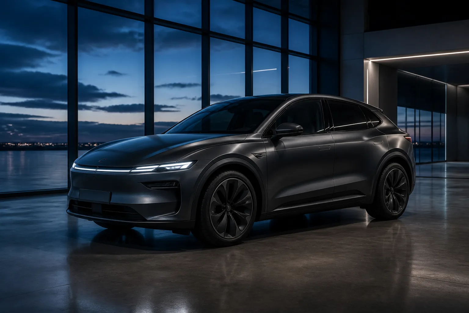 Véhicule graphite présenté dans un espace contemporain au crépuscule