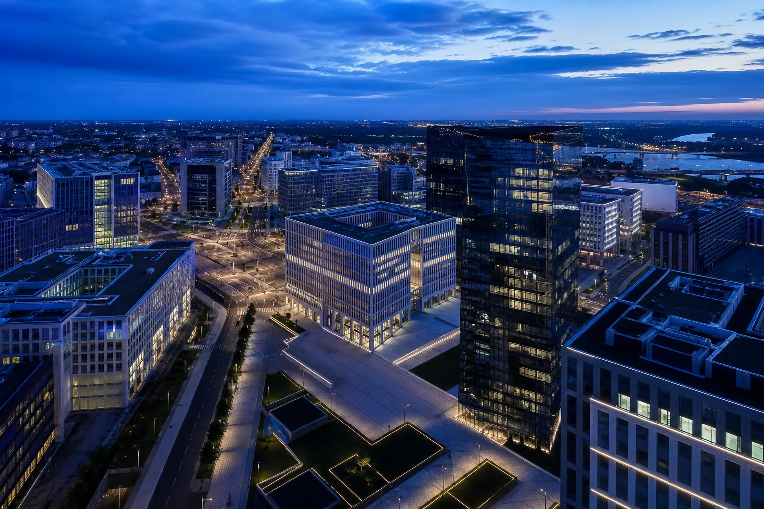 Quartier d’affaires moderne et axes urbains au crépuscule