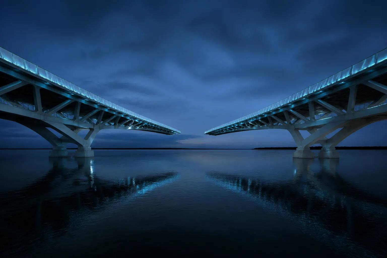 Deux structures de pont orientées l’une vers l’autre au-dessus de l’eau
