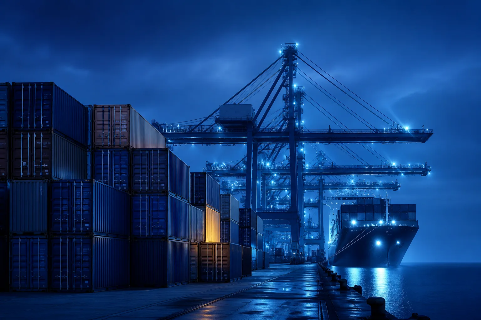 Terminal portuaire avec conteneurs, grues et navire de fret au crépuscule
